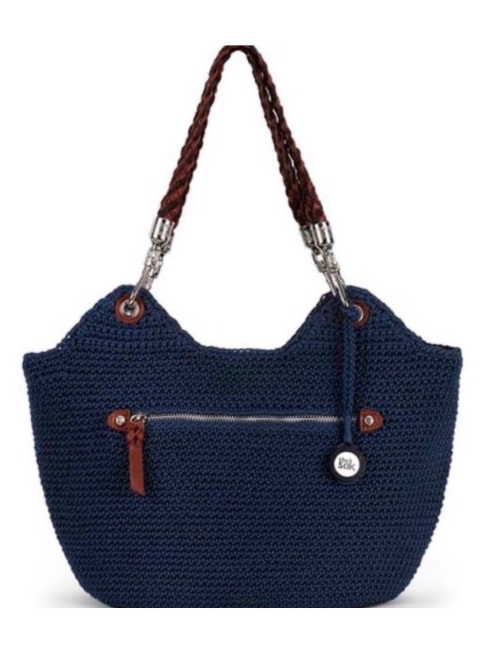 Sak Purse Crocheted Navy Blue Leather Handles